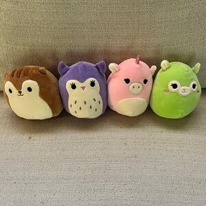 GOOD AS NEW Squishmallows Squirrel, Purple Owl, Pink Unicorn, Green Llama Set